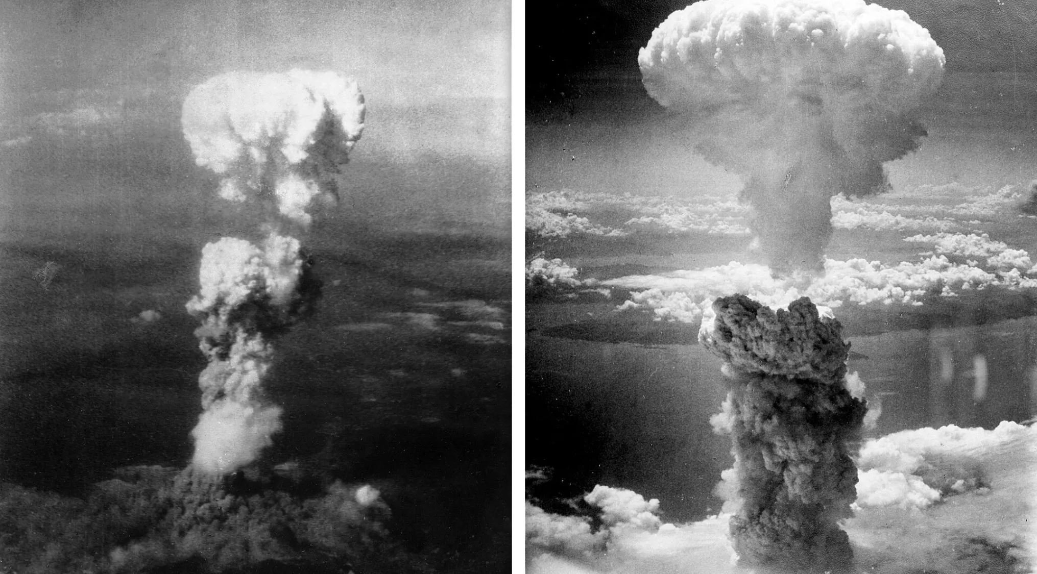 Black and white image of two atomic mushroom clouds. General knowledge quiz about the first Japanese city targeted.