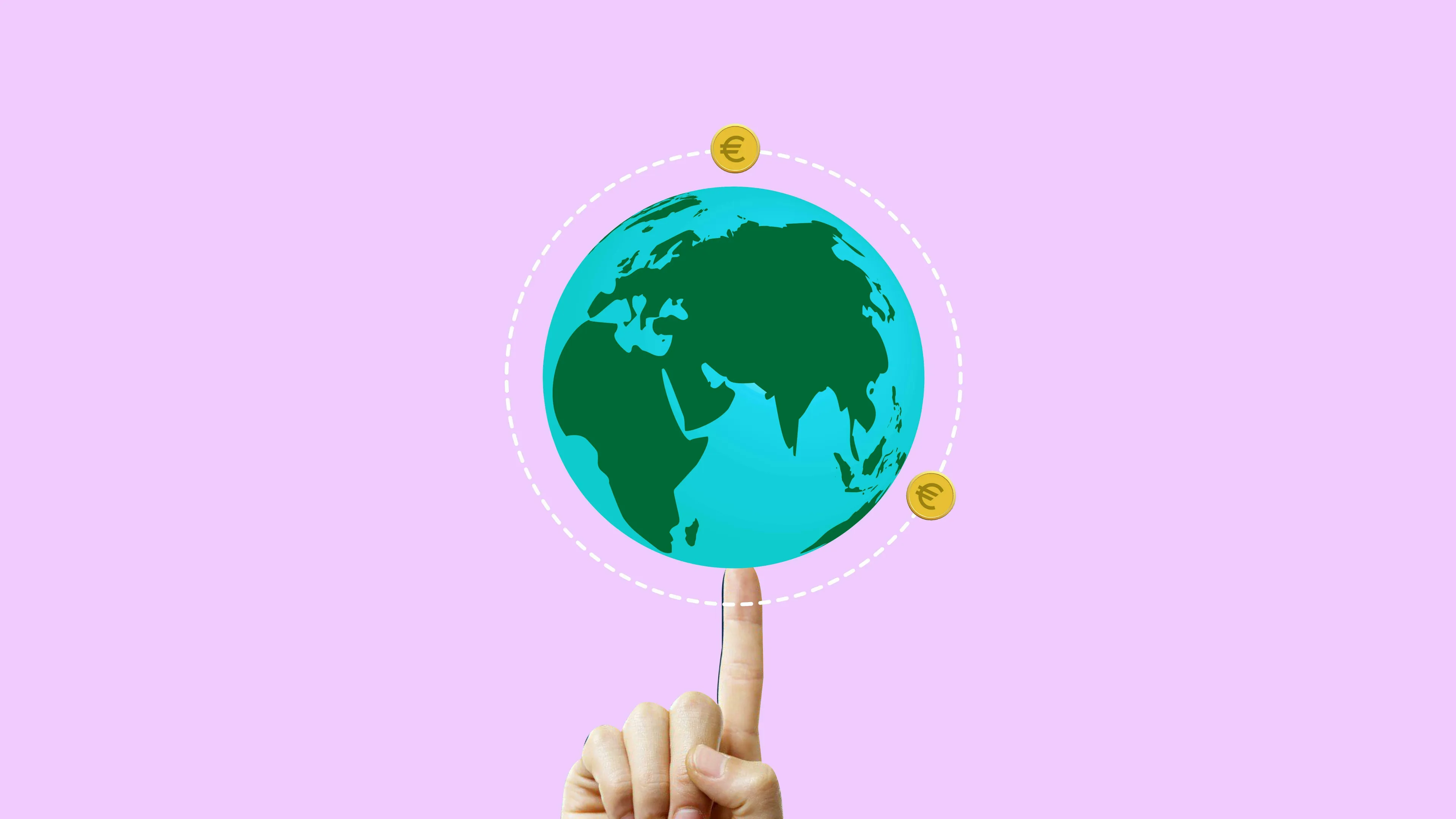 A hand balancing the Earth with Euro coins orbiting it. A great visual for a general knowledge quiz on economics.