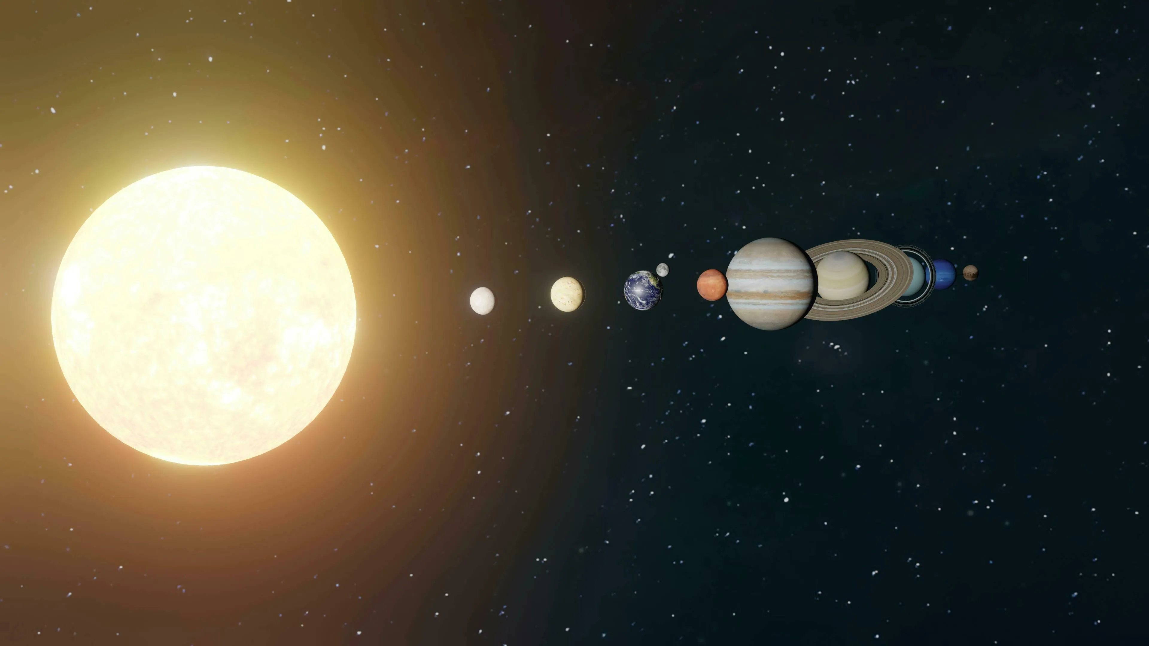 An illustration of the solar system with the sun and all eight planets, including the planet with the most moons. General Knowledge Quiz.