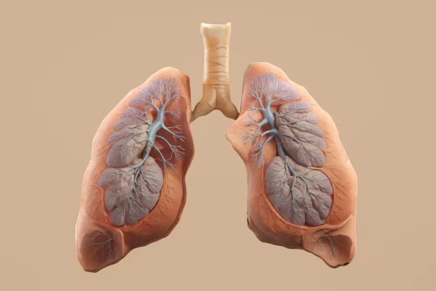 A detailed 3D rendering of human lungs, showing the trachea and bronchial tubes, essential for the circulatory system.