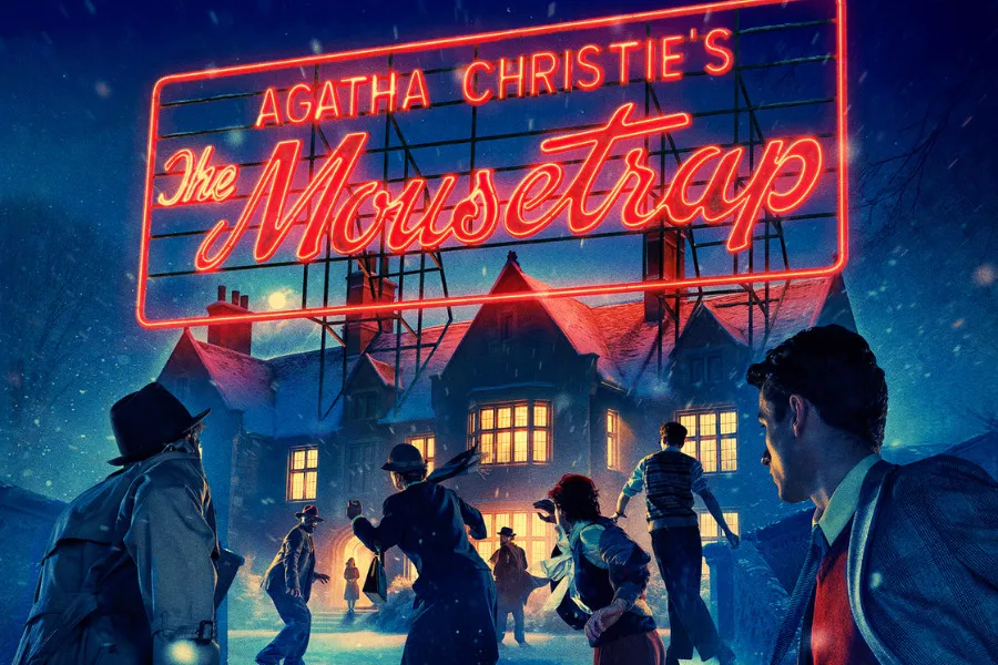 Agatha Christie's The Mousetrap neon sign above a dark house with figures moving in snow. A classic longest-running Broadway show.