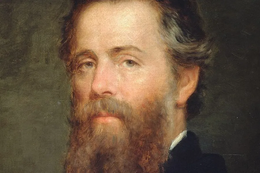 A detailed oil portrait of Herman Melville, a 19th-century author, featuring his light eyes and full, dark beard.
