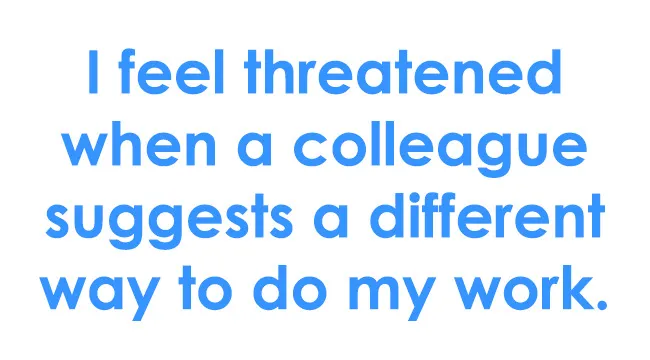 Text: I feel threatened when a colleague suggests a different way to do my work. Procrastination type quiz statement.