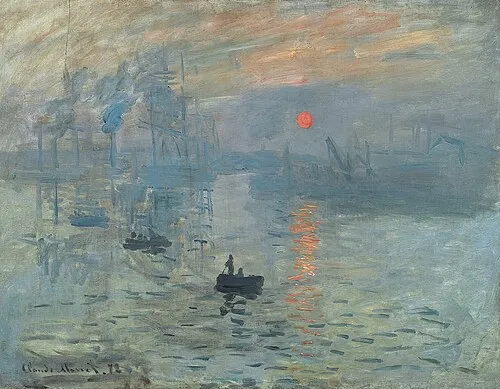 Impressionism painting of a foggy harbor at sunrise. A red sun reflects on the water, with small boats and industrial structures visible.