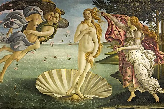 Botticelli's The Birth of Venus, a renowned Renaissance painting, features Venus on a shell, with Zephyr and Chloris, and Flora.