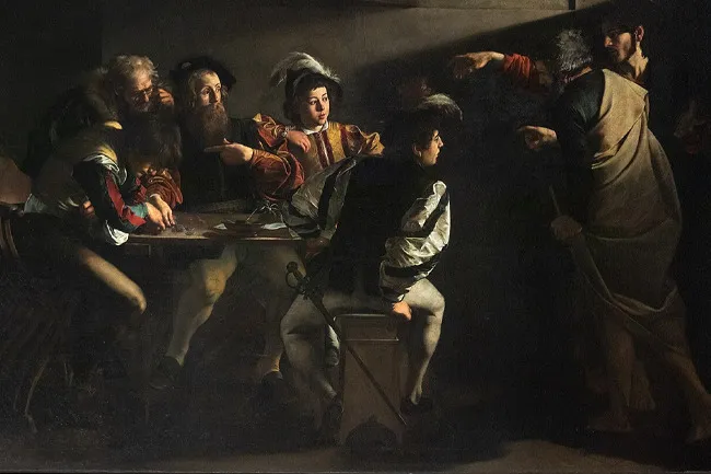 A Baroque painting depicting a group of men gathered around a table in a dimly lit room, with some pointing.