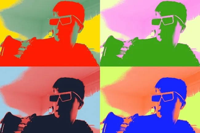 Pop Art inspired image of a person wearing 3D glasses, split into four vibrant color panels.