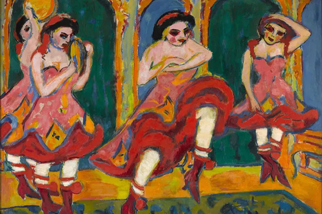 An Expressionism painting featuring three women in vibrant red and pink dresses dancing, with bold colors and distorted forms.
