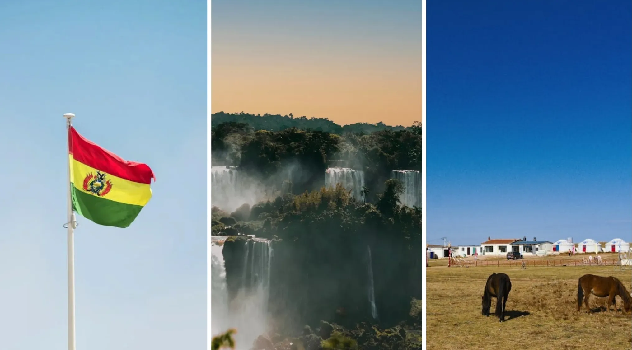 Bolivia's flag, Iguazu Falls for Paraguay, and horses in Mongolia. A geography connections quiz visual.