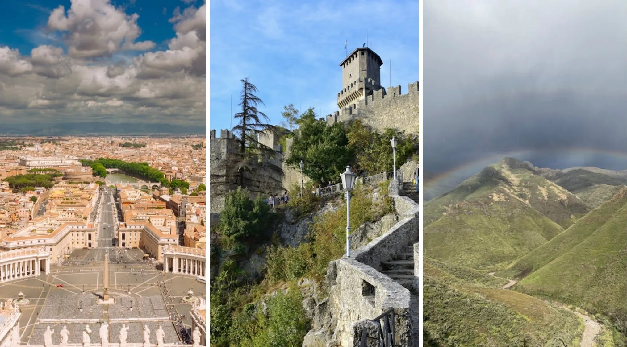 Geography Connections: Vatican City skyline, San Marino castle, and Lesotho mountains with a rainbow.