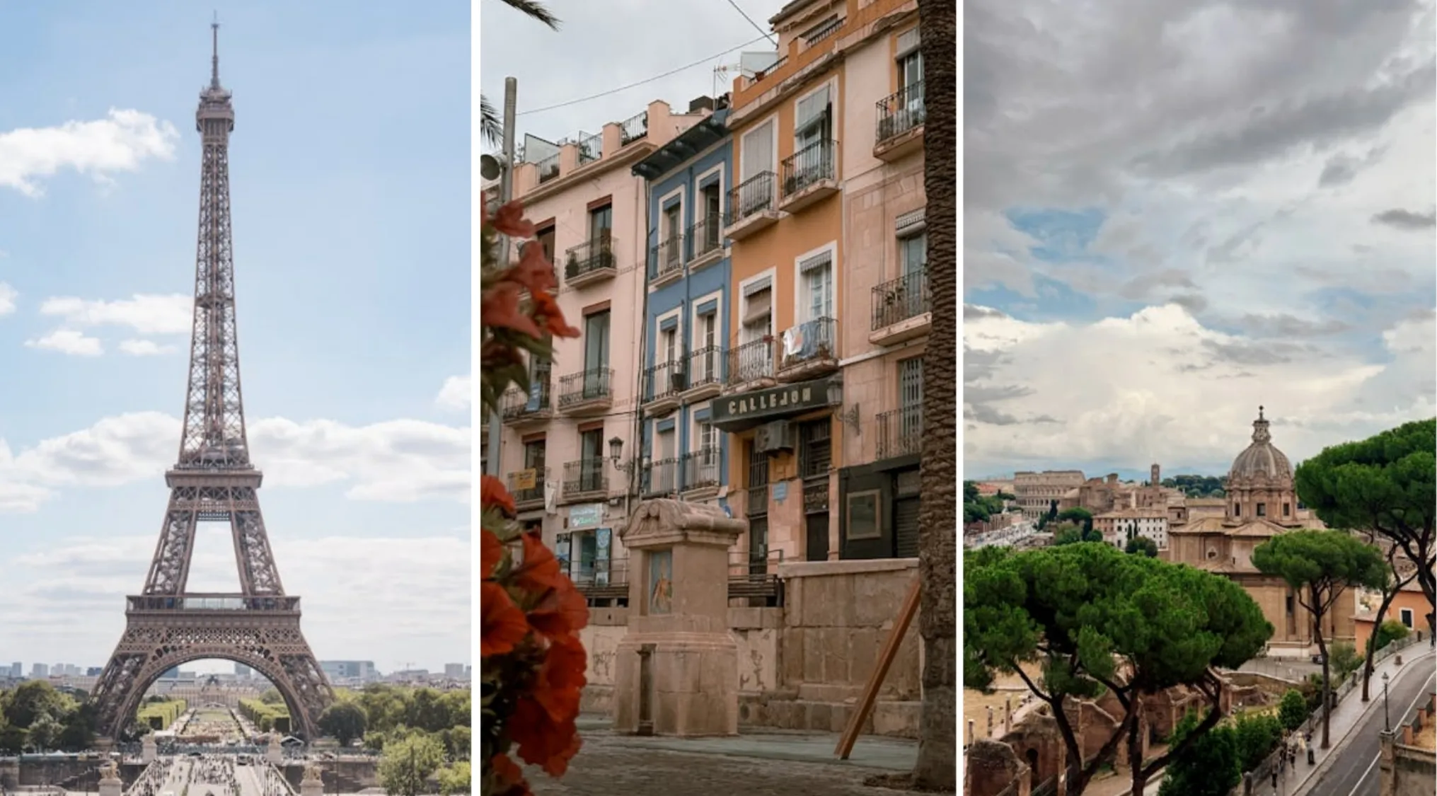 Geography Connections: Eiffel Tower in France, colorful buildings in Spain, and ancient Rome in Italy.