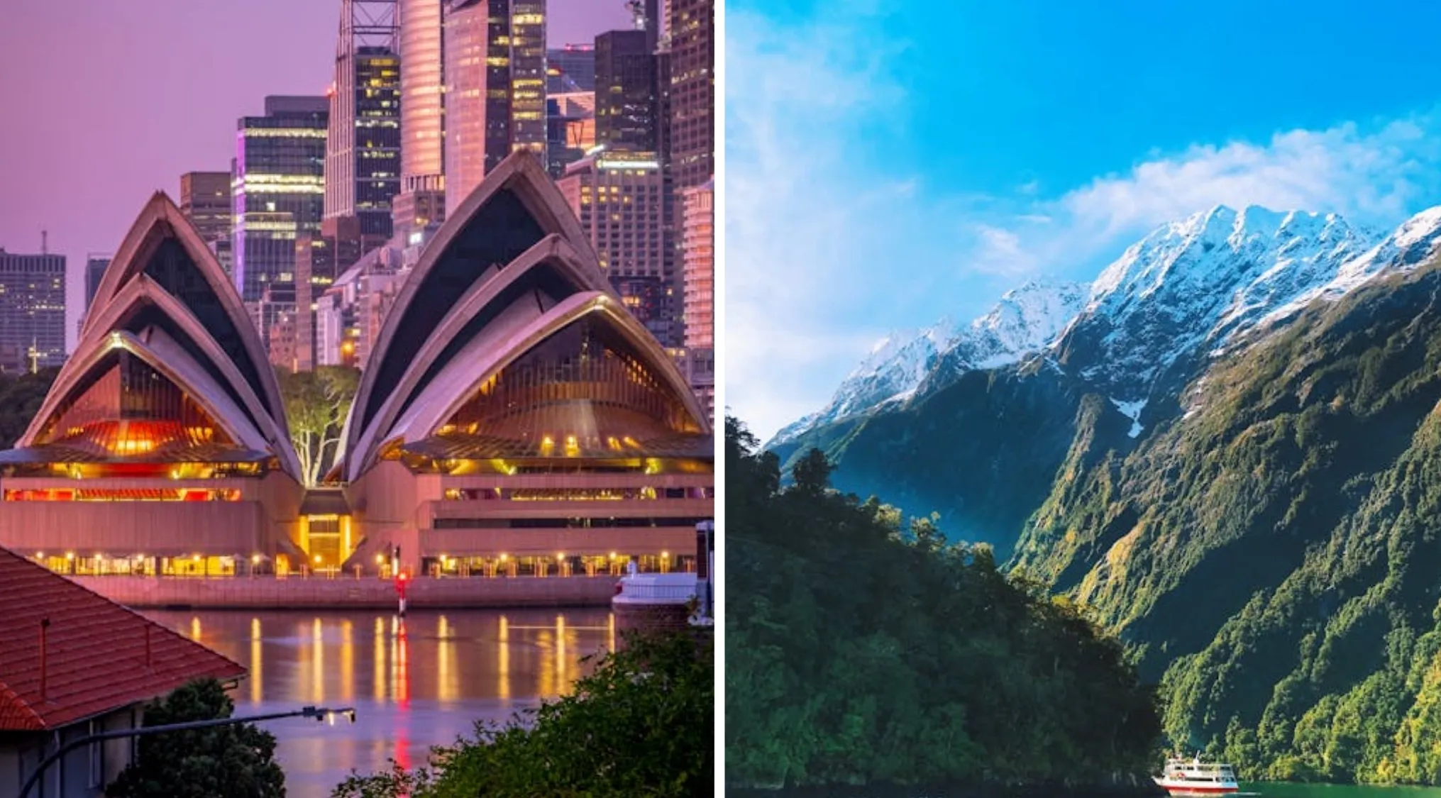 Sydney Opera House at dusk, reflecting on water, juxtaposed with New Zealand's Milford Sound, showing snowy mountains and a boat. Geography Connections: Australia and New Zealand.
