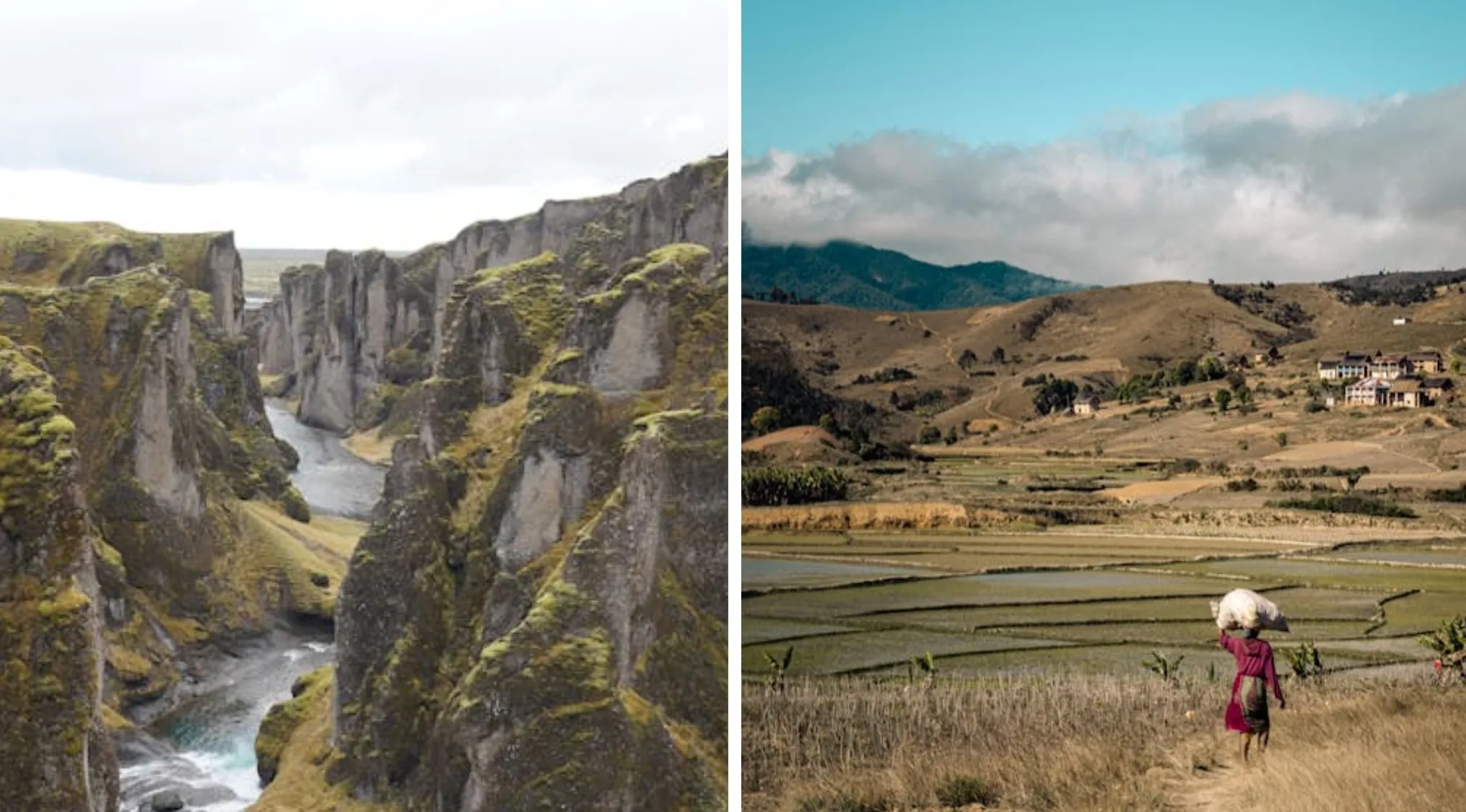 Two landscapes: a mossy canyon with a river for Iceland and a person walking past rice fields in Madagascar. Geography connections.