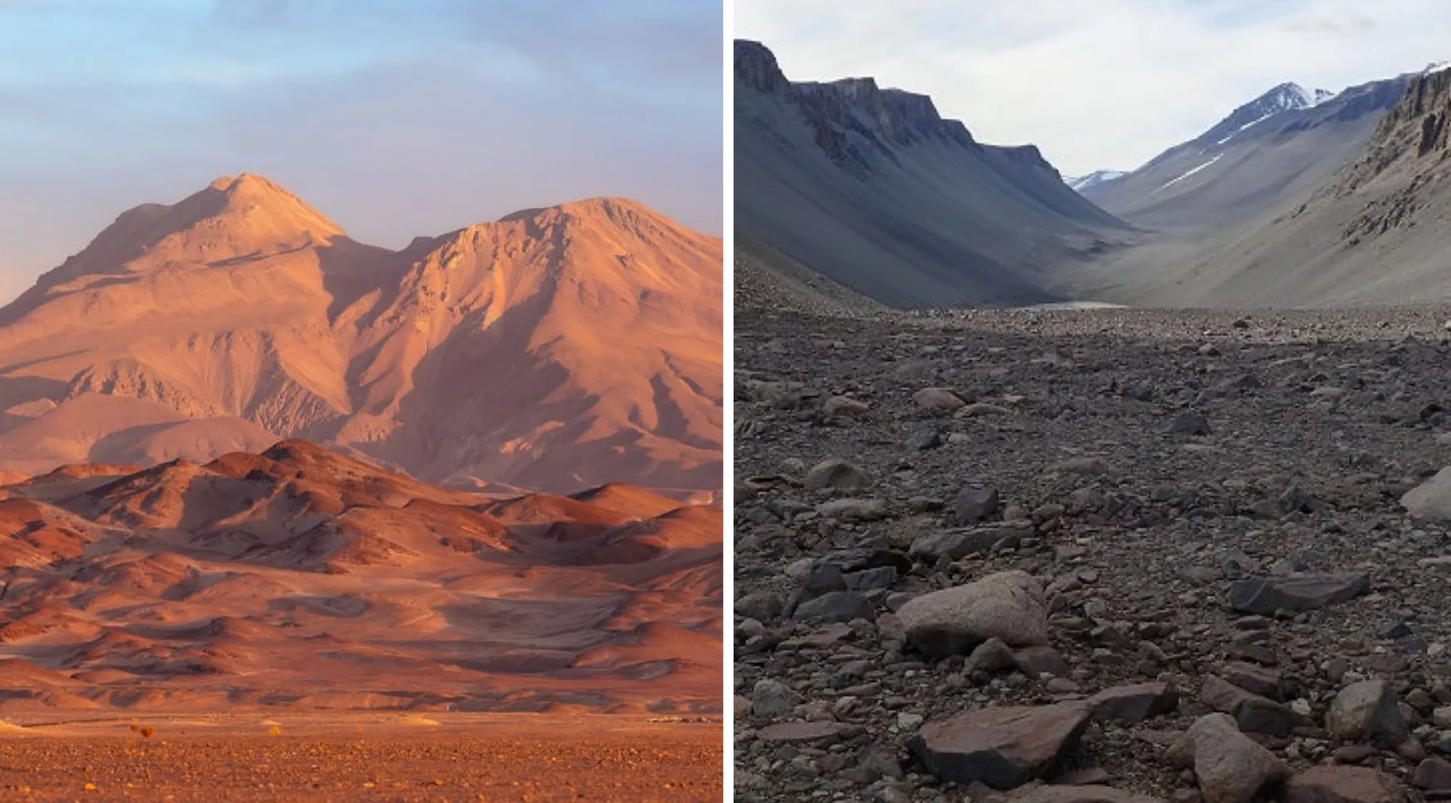 Atacama Desert (left) and Dry Valleys (right) show their unique climate connection, highlighting their dry, desolate landscapes.