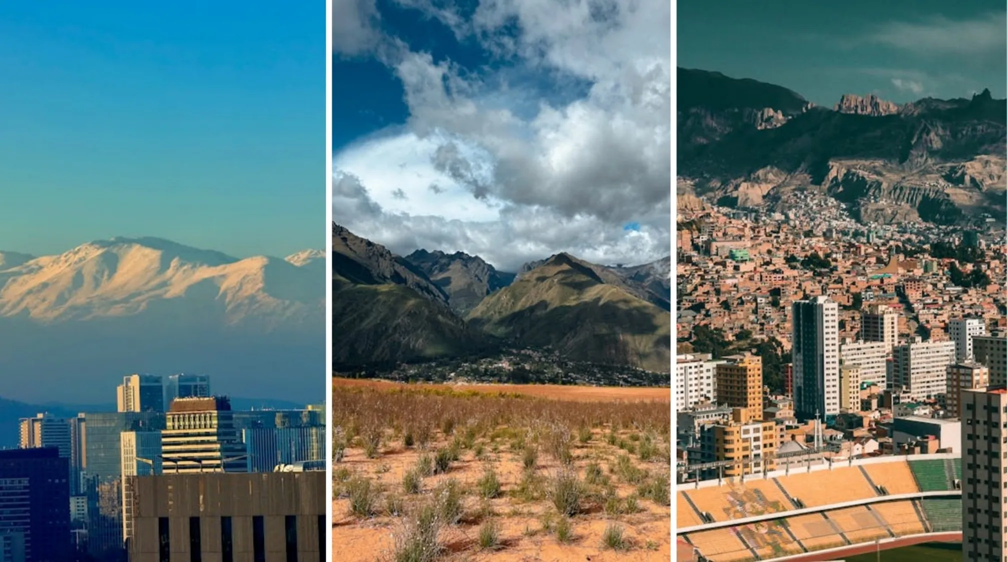 Three vertical panels showcasing the diverse geography connections of Chile, Peru, and Bolivia. Cityscapes meet snow-capped mountains and rugged terrain.