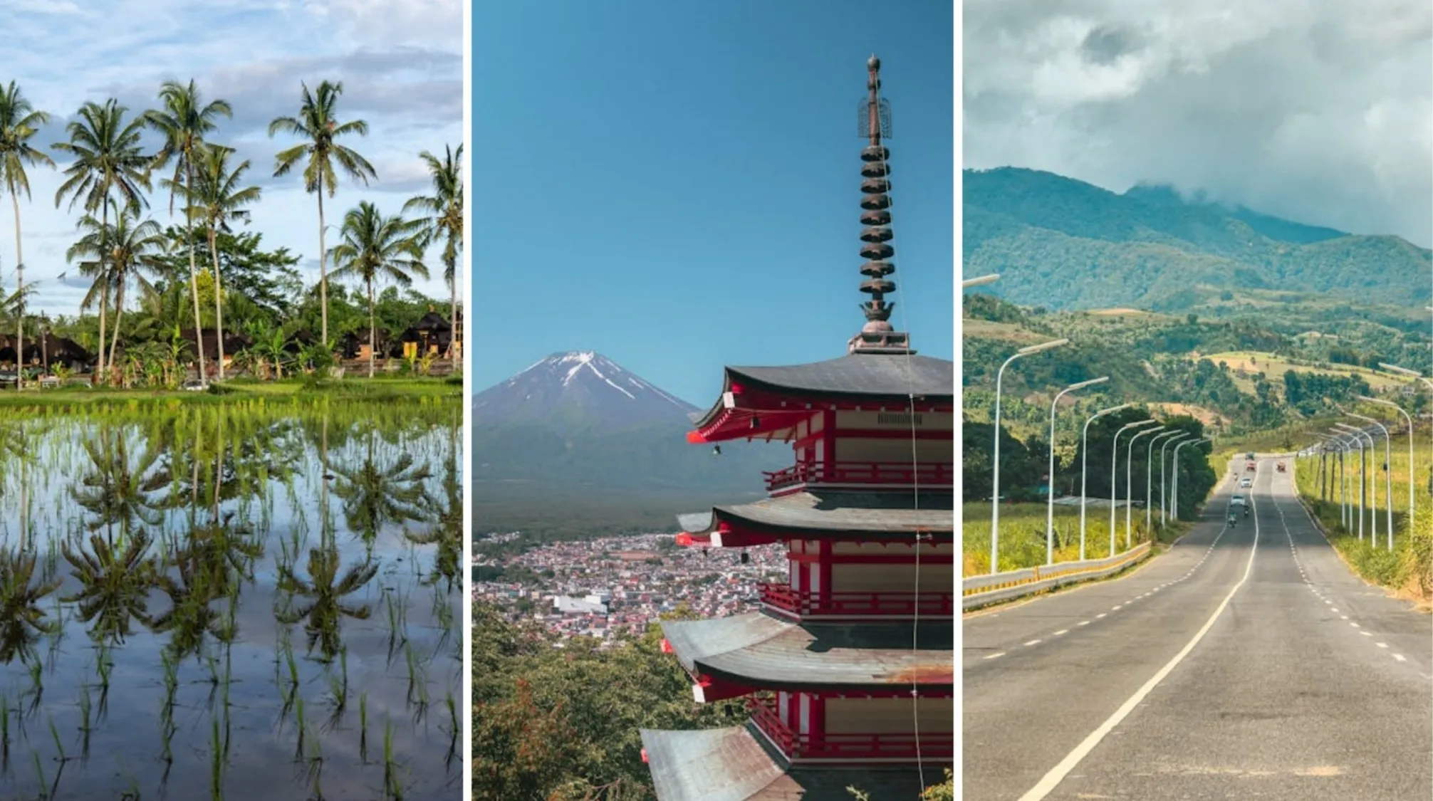 Geography Connections Quiz: rice paddies in Indonesia, Mount Fuji and a pagoda in Japan, and a road in the Philippines.