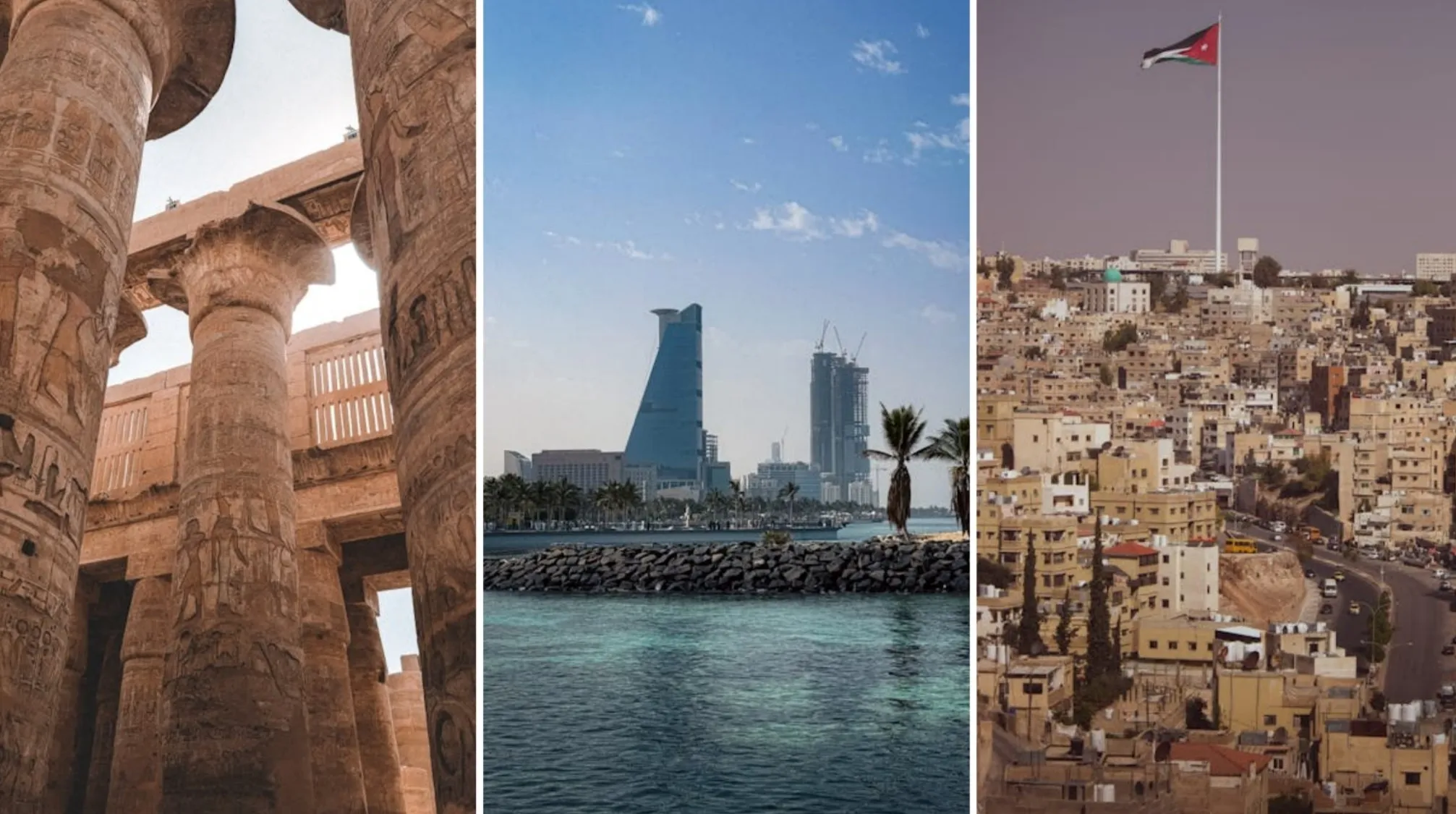 A triptych of images: ancient Egyptian columns, a modern Saudi Arabian cityscape with water, and a Jordanian city with a flag, exploring geography connections.