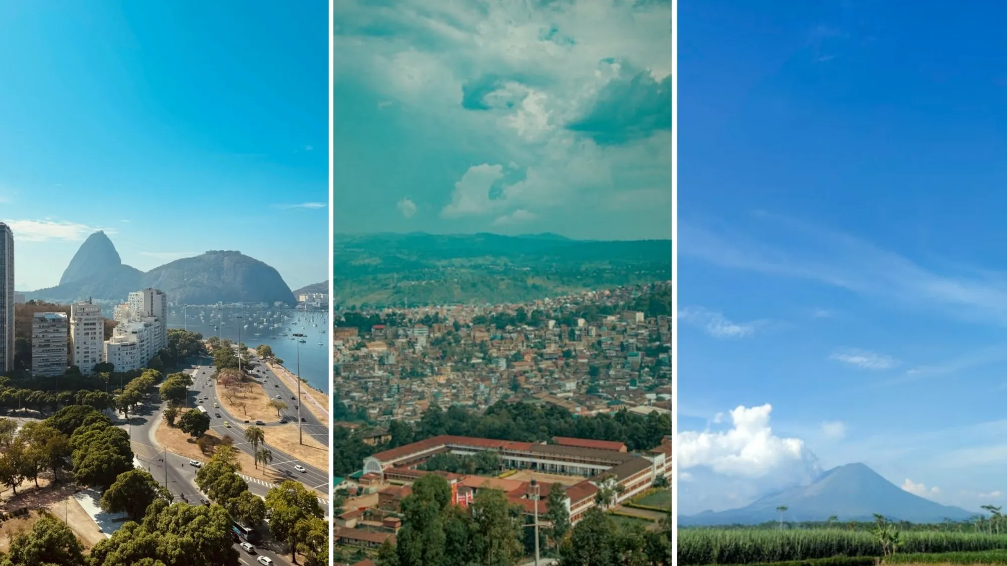 Three vertical panels showing a Geography Connections Quiz. Brazil's coastal city, Congo (DRC)'s dense city, Indonesia's volcano.