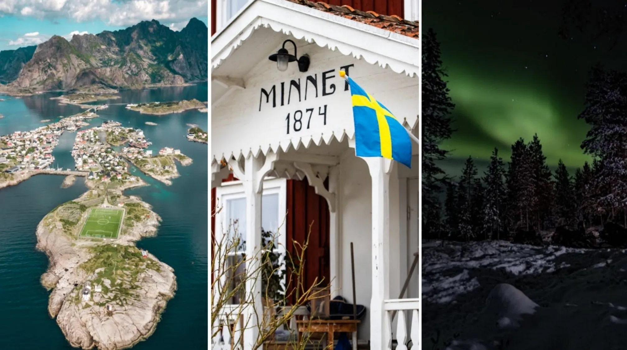 Geography Connections quiz: Norway island town, Swedish flag on a home, and aurora borealis over a Finland forest.