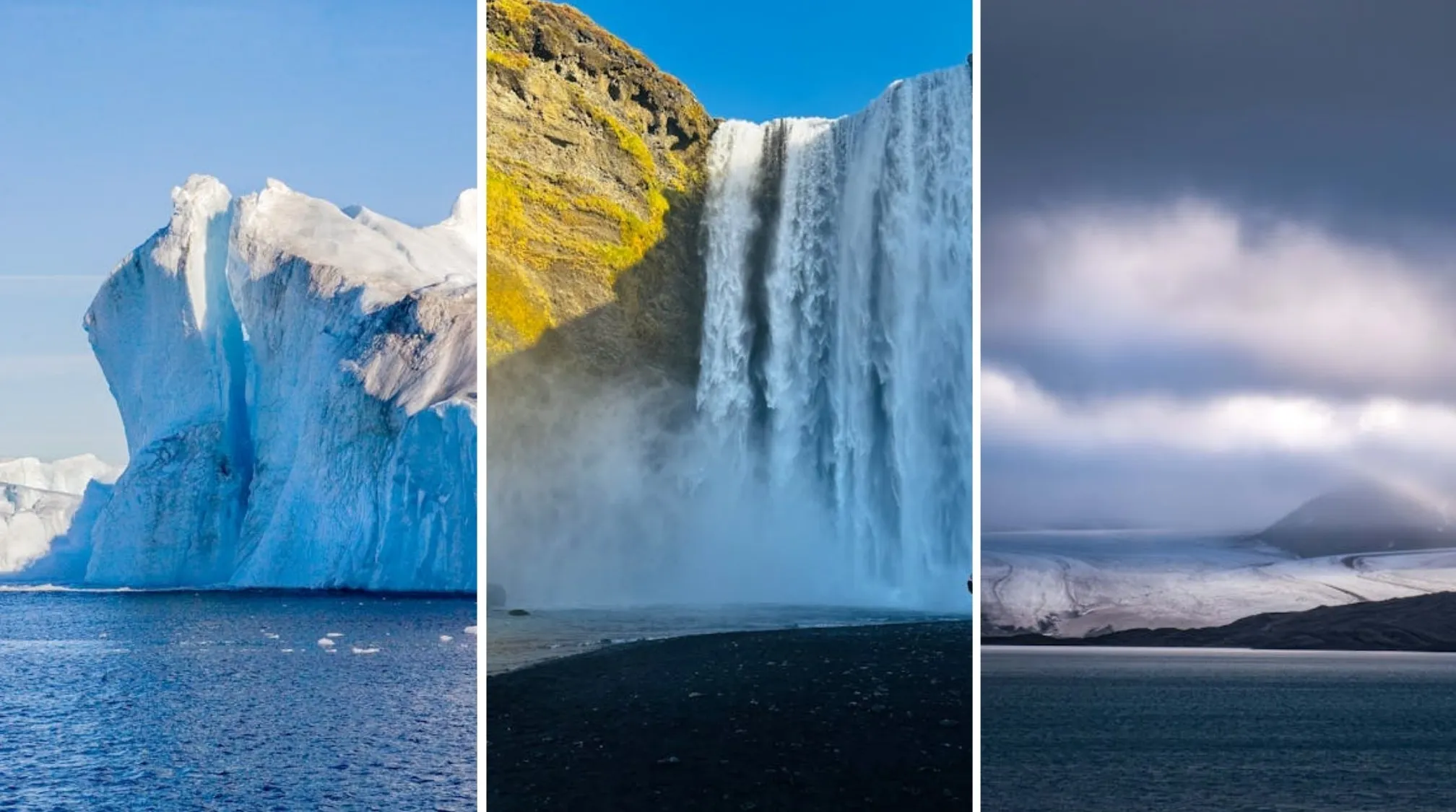 Three vertical panels showing diverse geography: Greenland iceberg, Icelandic waterfall, and Svalbard glacier. Discover Geography Connections.