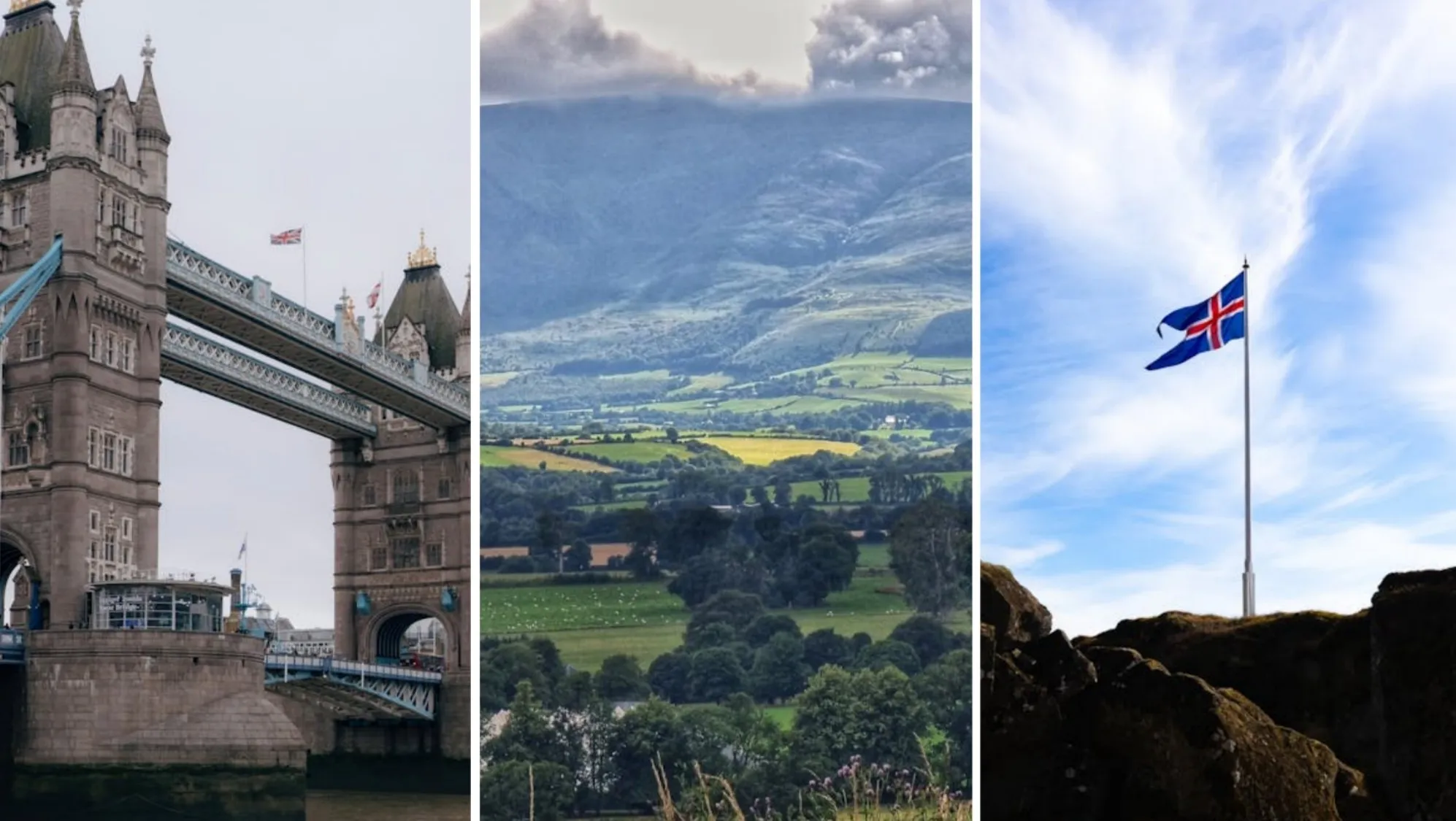 Geography Connections Quiz: Tower Bridge, a green Irish valley, and the flag of Iceland under a blue sky.