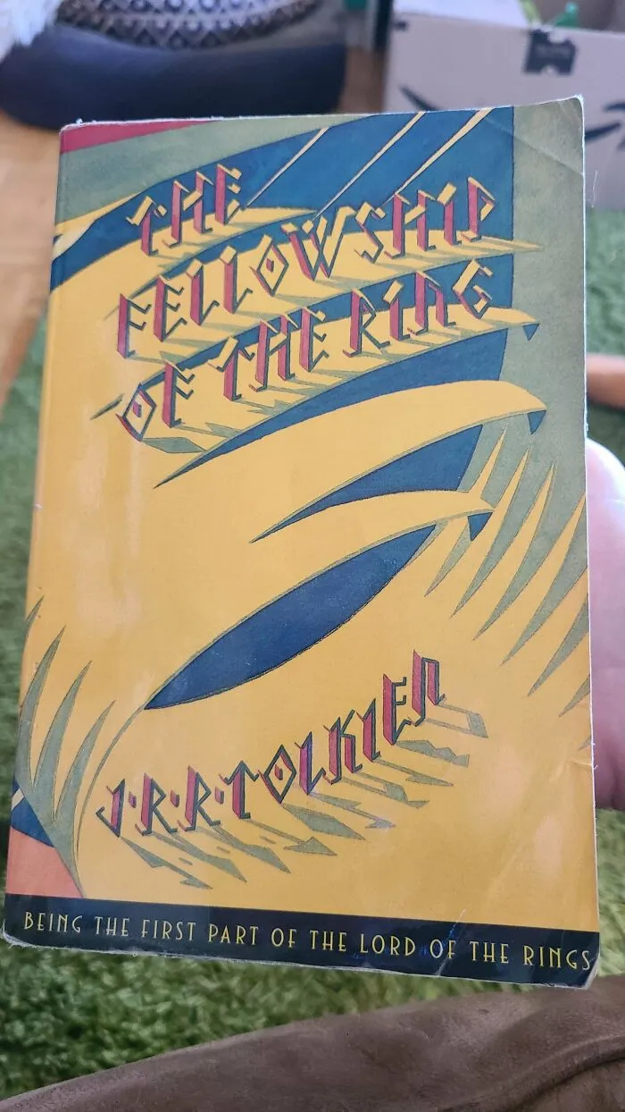 A hilariously unhinged book cover of J.R.R. Tolkien's The Fellowship of the Ring with strange design