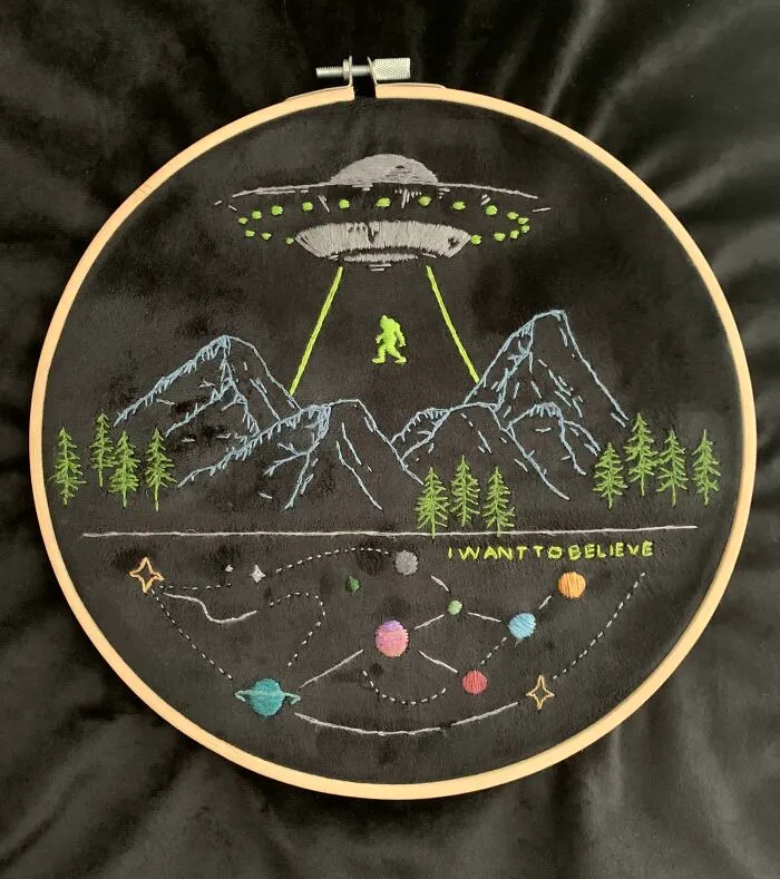 An Embroidery I Made After Being Inspired By All The Uap Sightings. Bonus Sasquatch