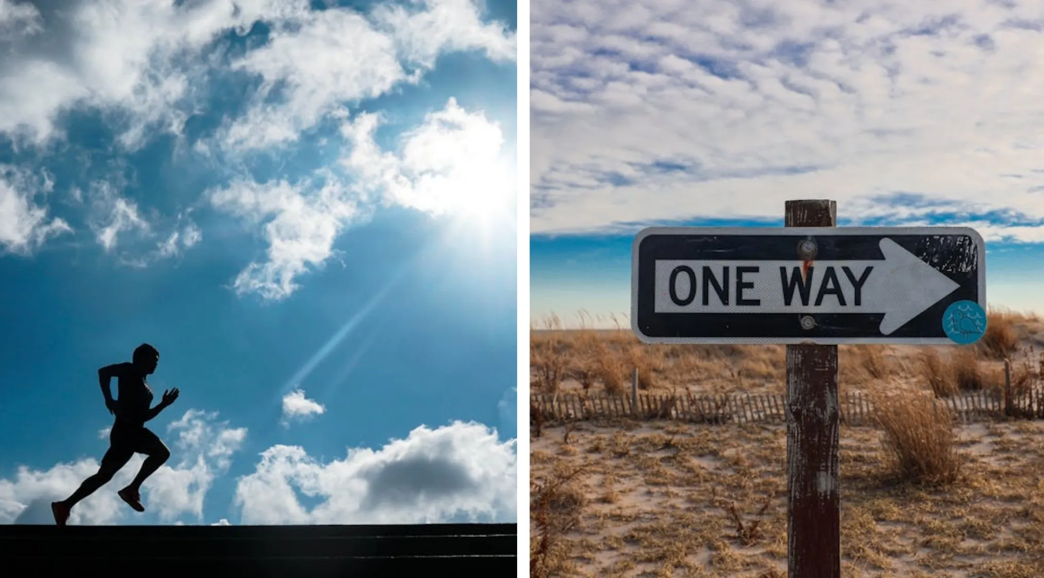 A silhouette of a person running upstairs, and a One Way sign on a beach. Words from two images.