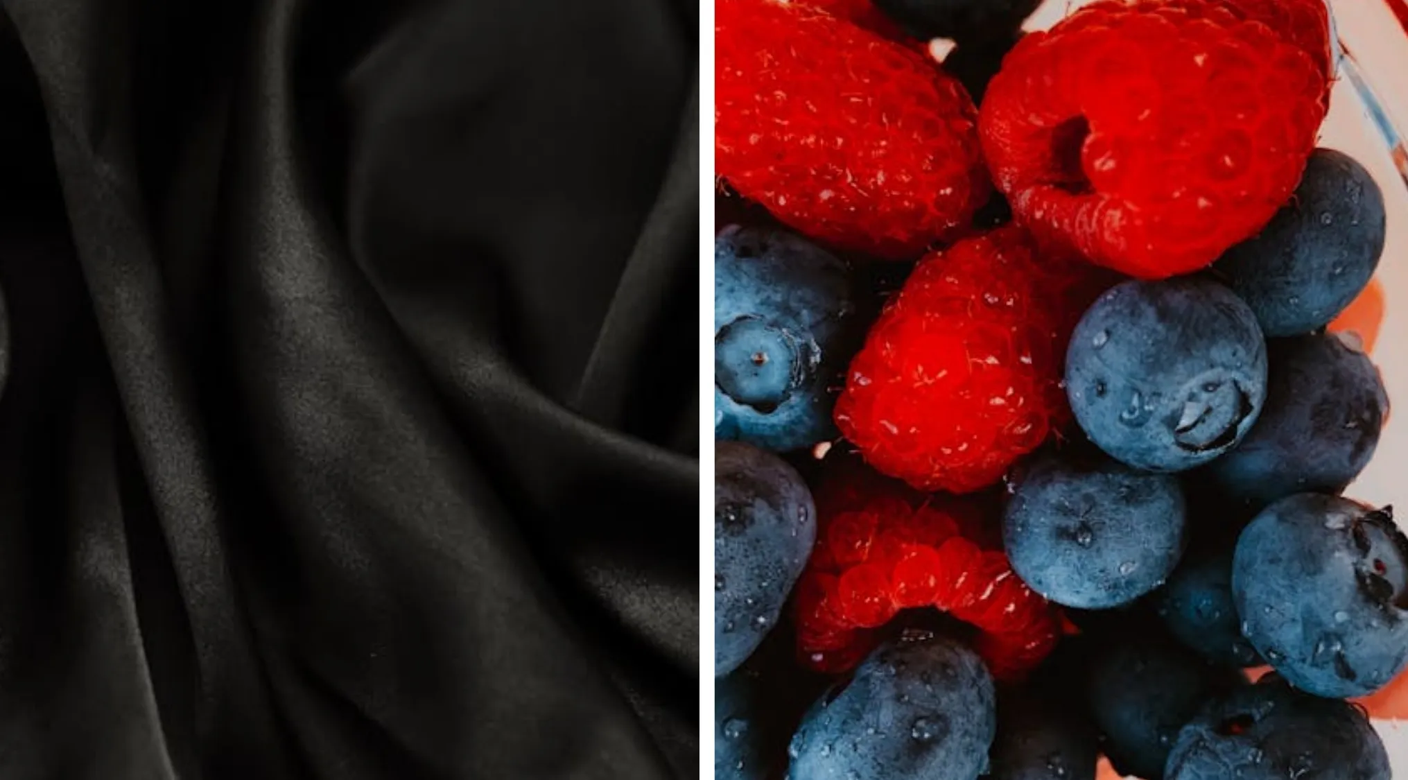 Two images: crumpled black fabric on the left and a bowl of fresh blueberries and raspberries on the right. Find the single word.