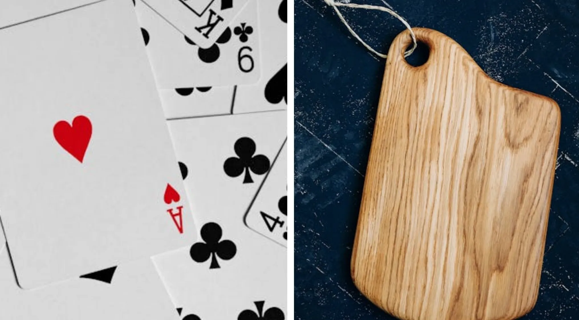 A visual puzzle: playing cards on the left, an Ace of Hearts prominent, and a wooden cutting board on the right. Identify the word from these pictures.