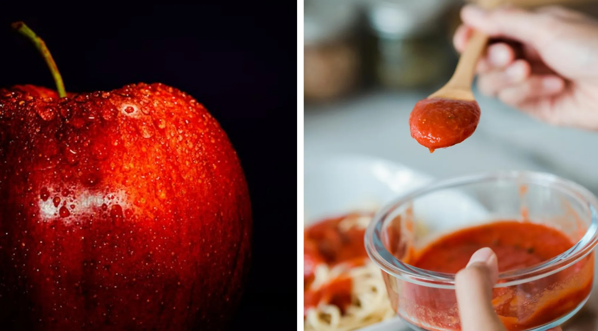Two images: a wet red apple on a dark background, and a bowl of red chili paste with ingredients. Merge these images into one word.
