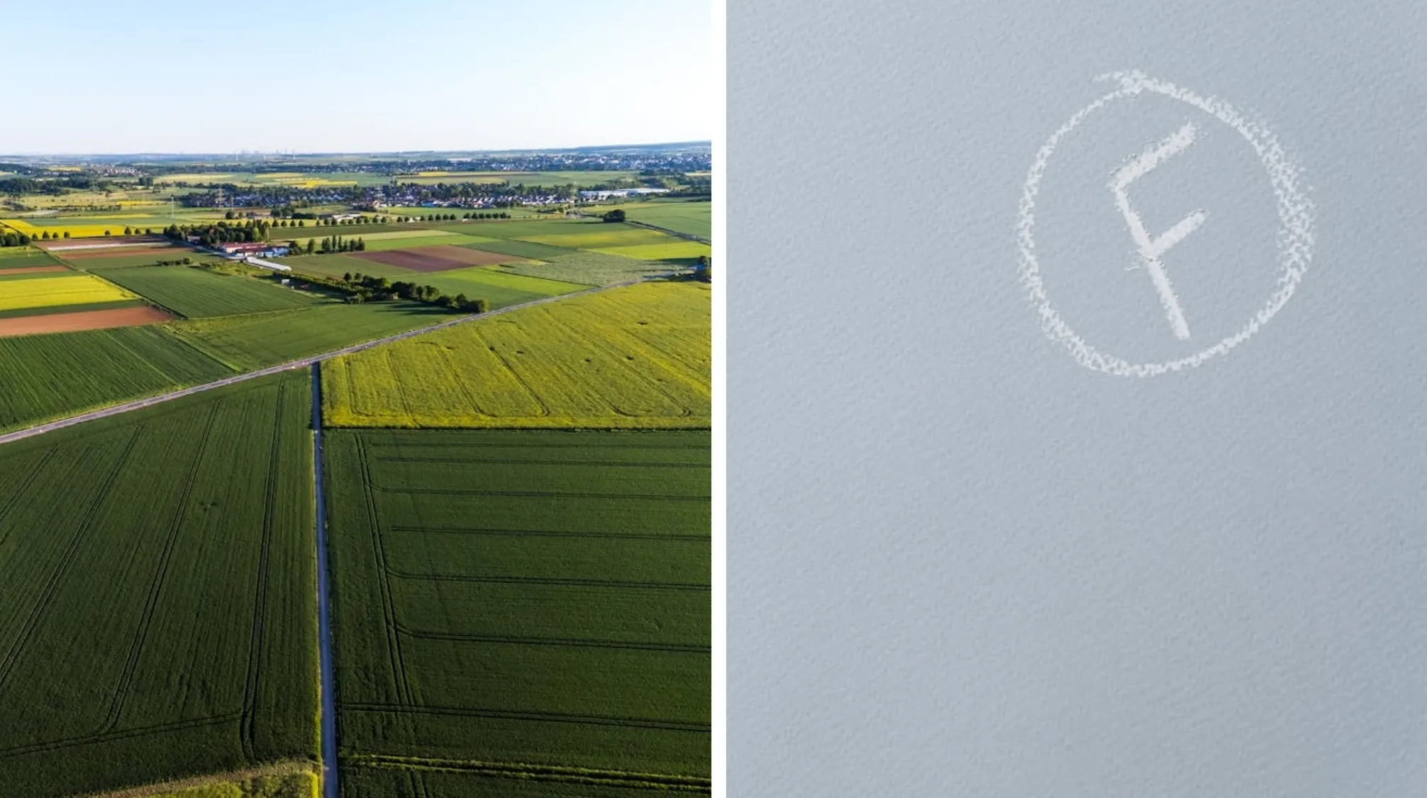 Aerial view of farm fields (green, yellow) meeting a village, and a white F in a circle on blue paper. Make a word from two images.
