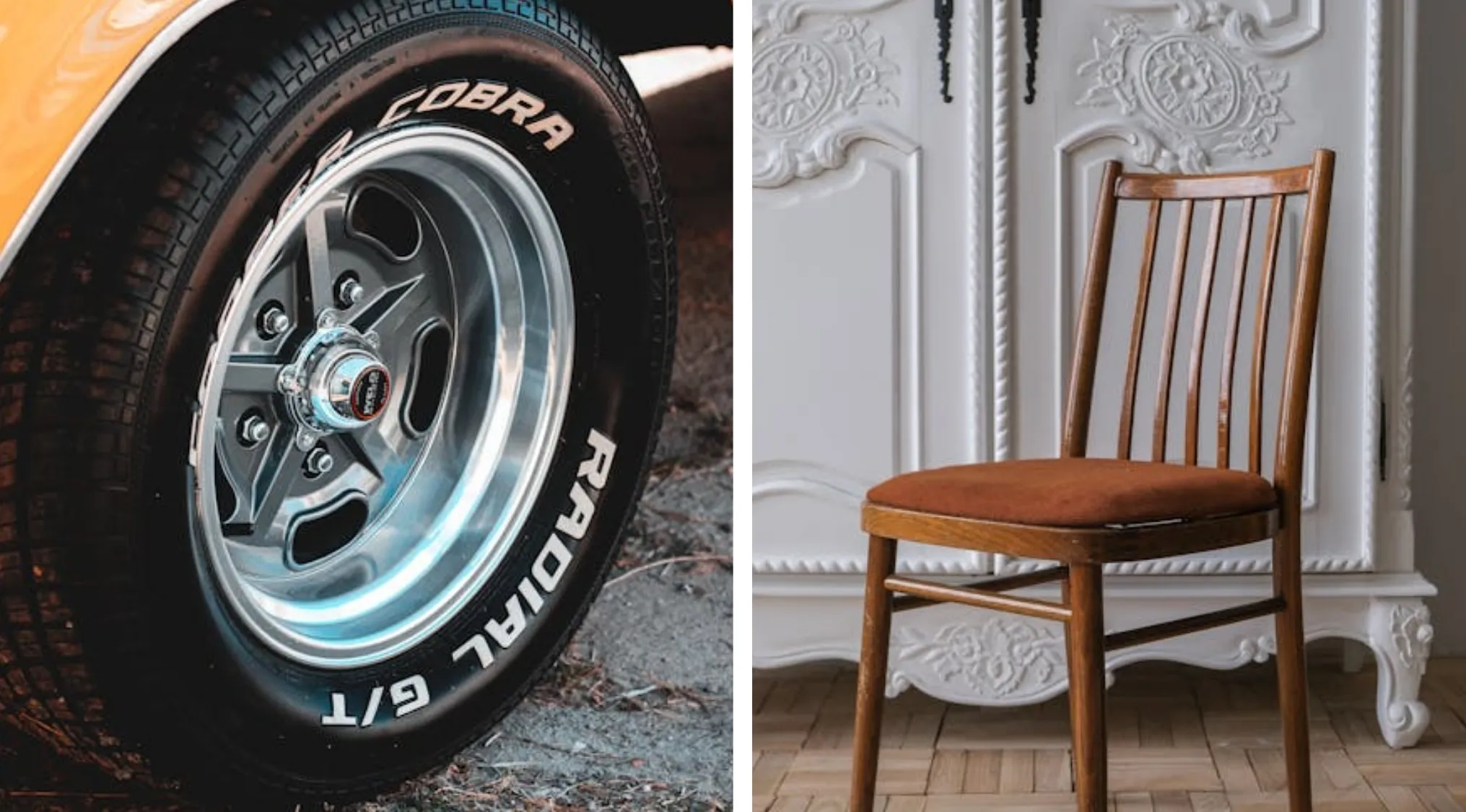 Two images side-by-side: a close-up of a car tire with Cobra Radial G/T lettering, and a wooden chair with an orange cushion in front of an ornate white cabinet. What word links these two clues?