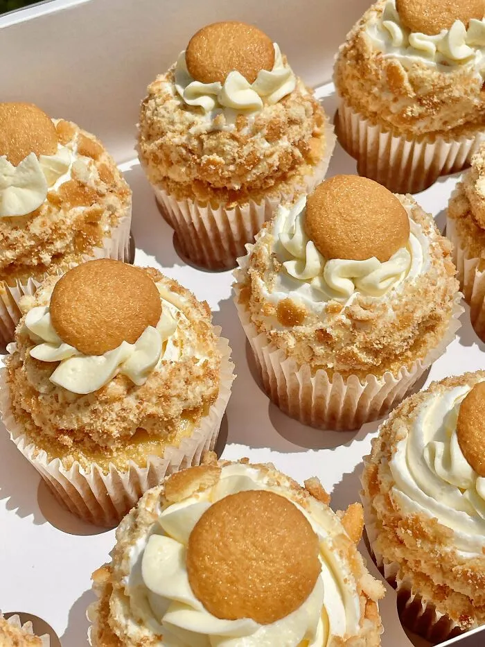 Cupcakes with creamy frosting and vanilla wafer cookie on top in a box