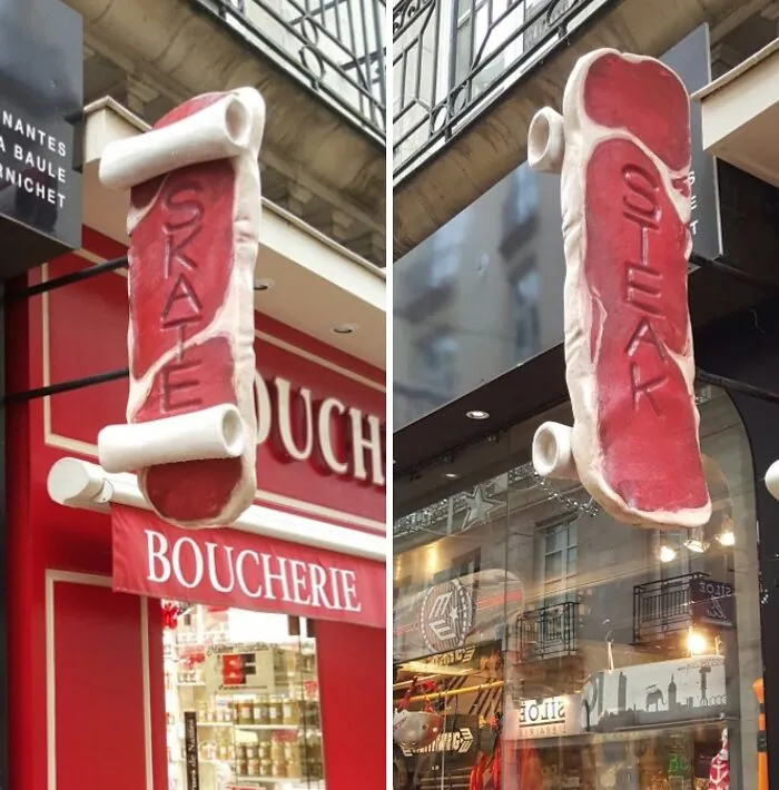 A Skate Shop & A Butchershop Are Located Next To Each Other. They Share One Sign