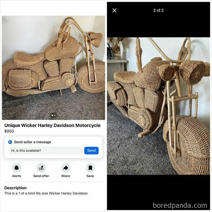 Life size unique wicker Harley Davidson motorcycle for sale