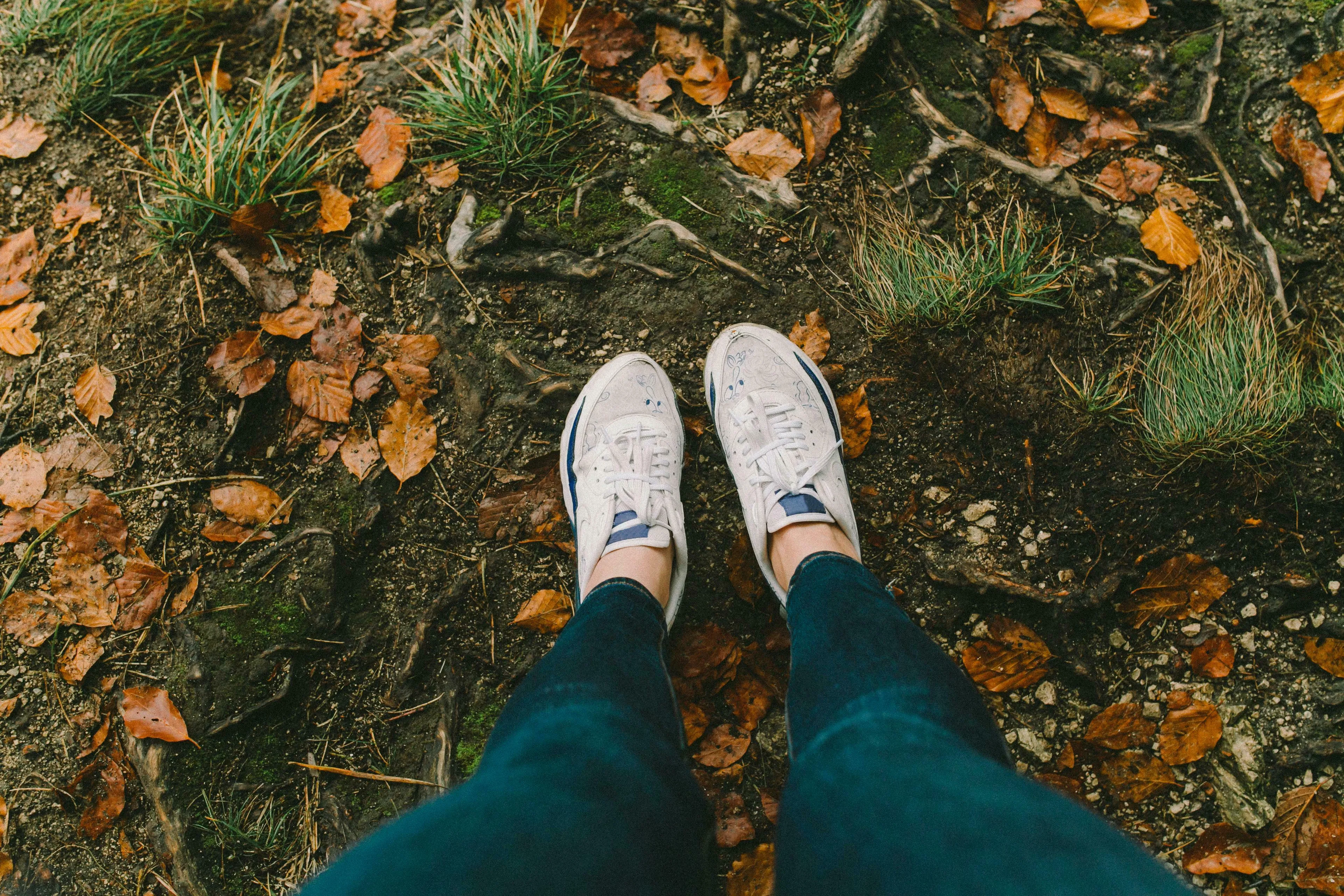 Feet in white sneakers on a dirt path with fallen brown leaves and green grass, relating to general knowledge.