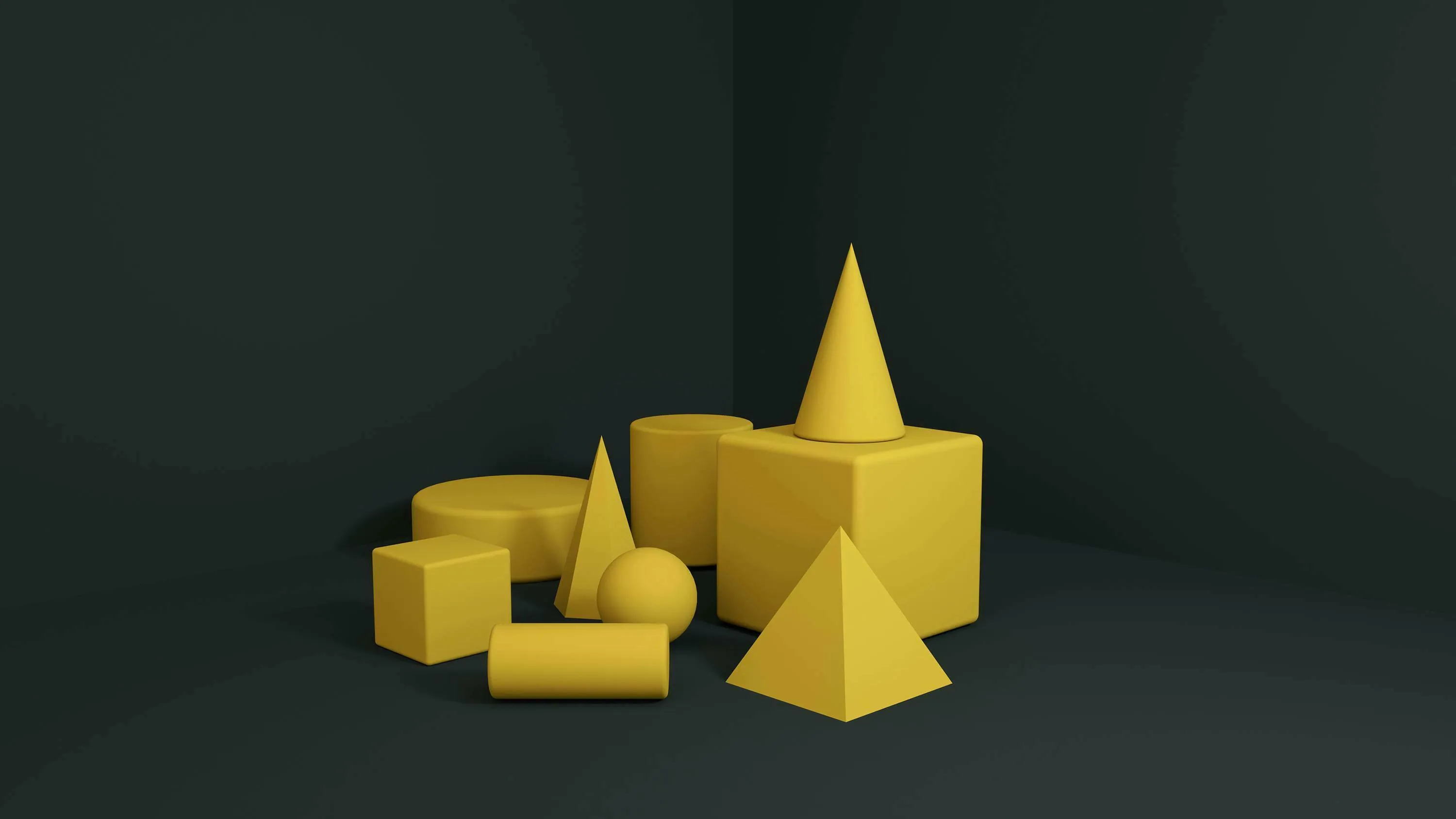 Various yellow geometric shapes including a cube, cone, cylinder, sphere, and pyramid, against a dark background for a knowledge quiz.