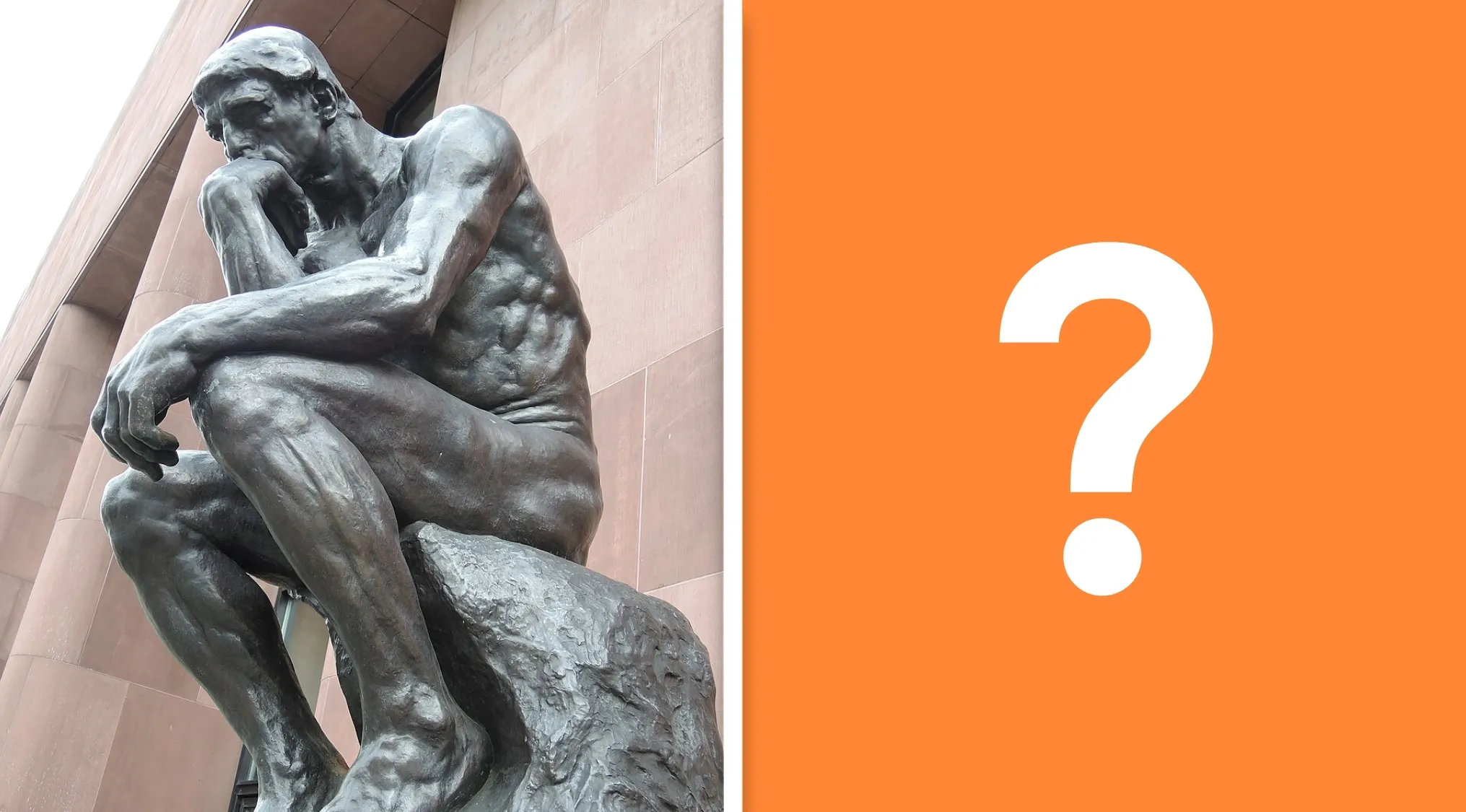 Bronze sculpture, The Thinker, with a question mark on an orange background, for a general knowledge quiz.