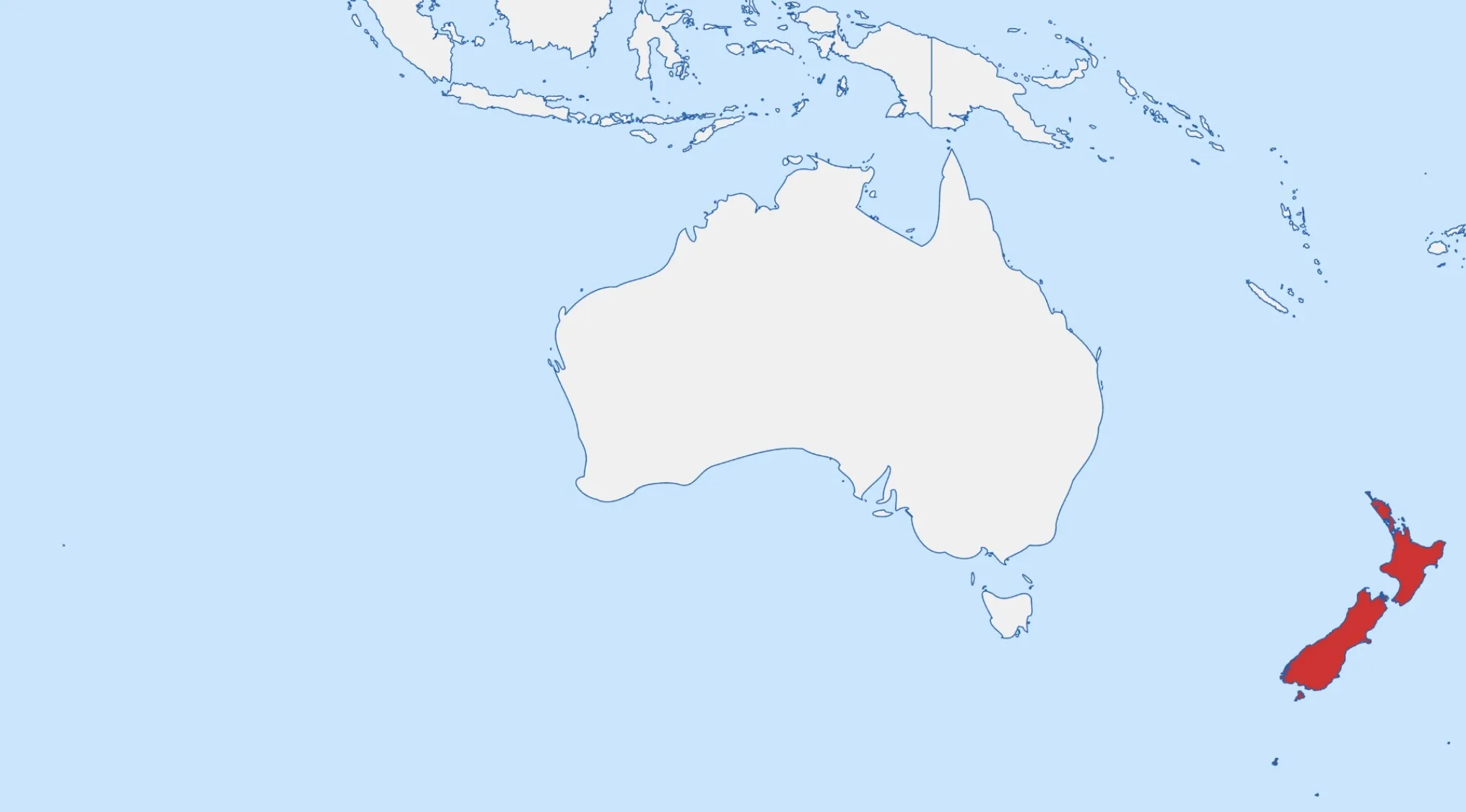 Map showing New Zealand highlighted in red, positioned east of Australia. General Knowledge Quiz: Which country is highlighted on the map?
