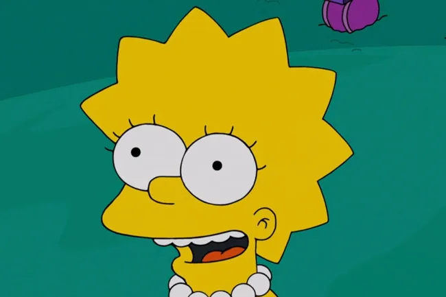 Close-up of Lisa Simpson from The Simpsons, with wide eyes and an open mouth against a green background.