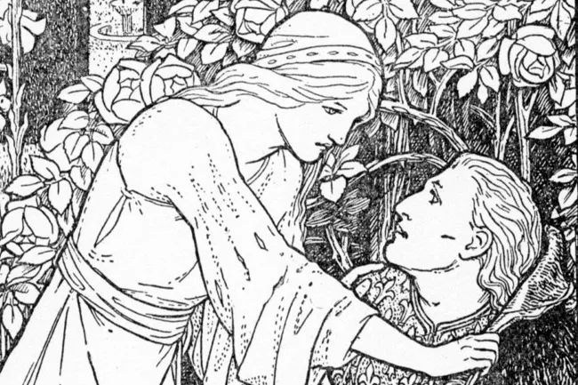 A woman with long hair and a crown leans over a man with a patterned shirt amidst roses, a fairy tale illustration. Beauty and the Beast.