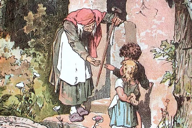 An illustration from Hansel and Gretel shows the witch, holding a cane, enticing the children at her doorstep.