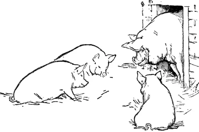 A black and white illustration shows the Three Little Pigs. Two pigs huddle on the left while a third watches another pig enter a doorway. A classic fairy tale.