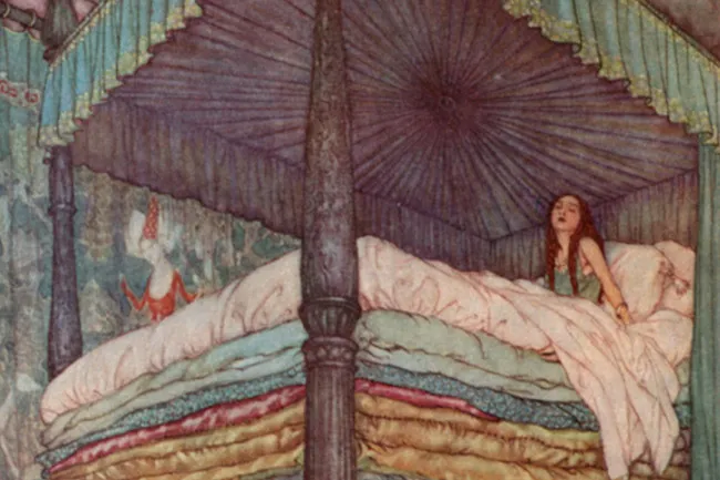 An illustration depicting The Princess and the Pea, with a princess in a bed piled high with mattresses.