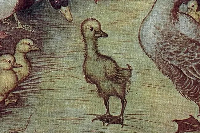 Illustration of The Ugly Duckling, a lanky gray duckling standing alone among smaller, yellow ducklings and a large mother duck.