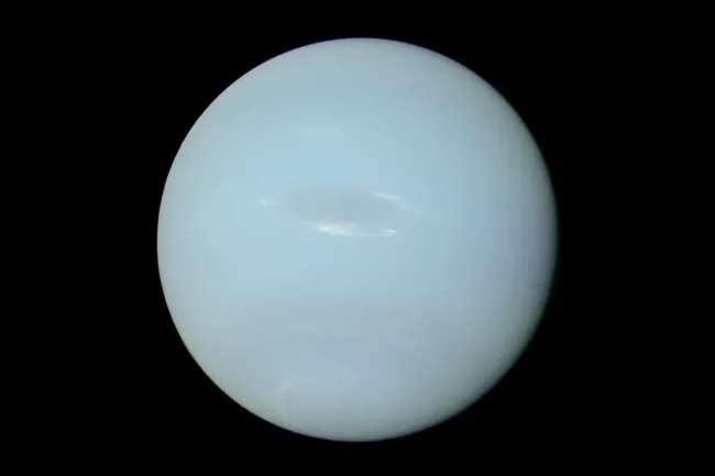 The gas giant Neptune, a pale blue planet with subtle atmospheric swirls, set against the dark void of space. Choose a planet.