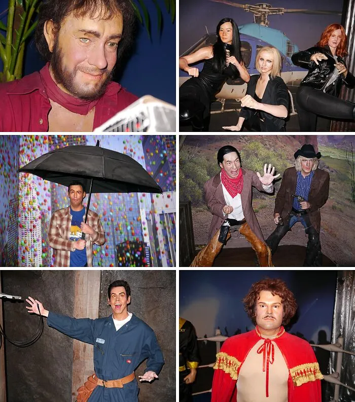 Collage of celebrity wax figures displaying various costumes and poses indoors