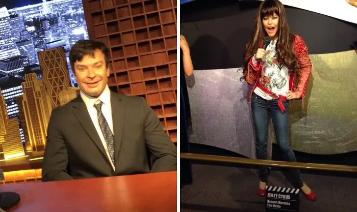 Uncanny celebrity wax figures including a newsman and a singer
