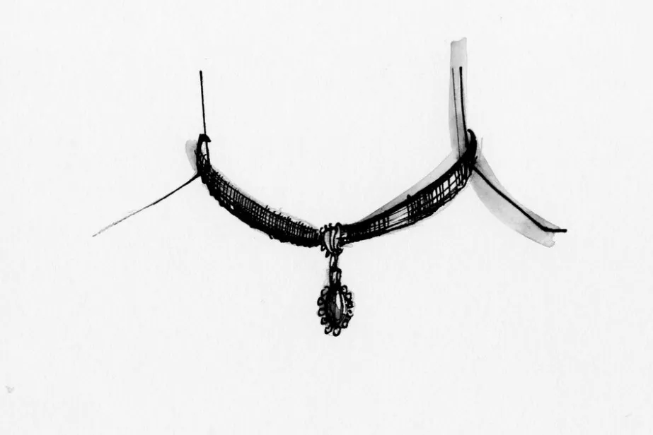 A simple black and white sketch of a vintage fashion accessory choker with a small pendant, popular with 80s teens.